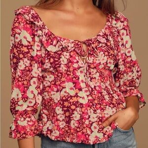 Free People - Sweet Memories Pink Multi Floral Print Ruffle Puff Sleeve Top XS
